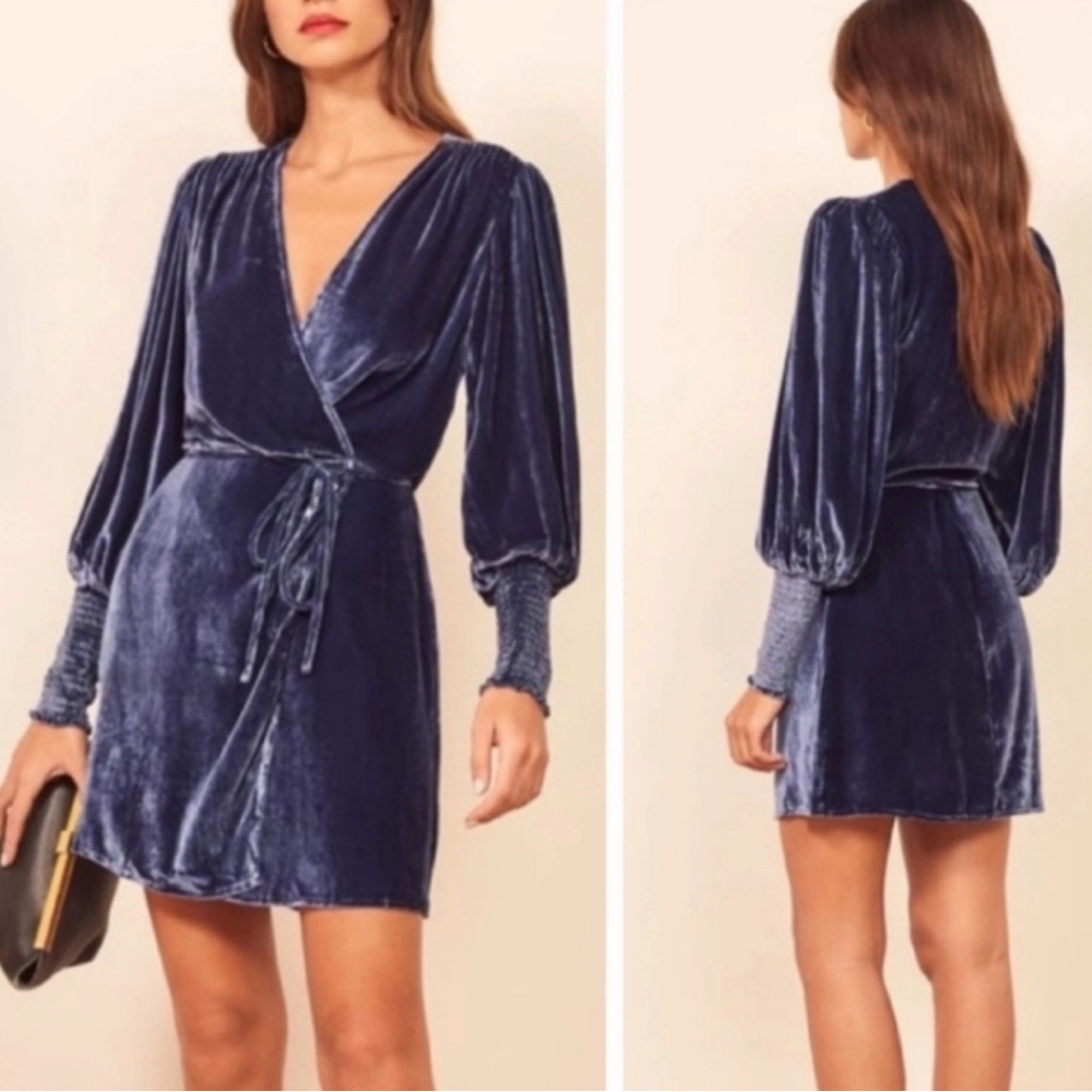 Reformation Navy Velvet Long Sleeve Dress